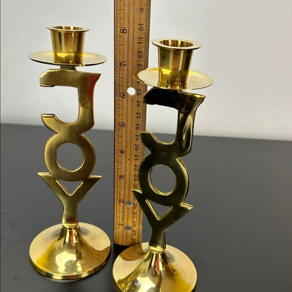 Vtg International Silver Co Solid Brass Joy Candlesticks 90's Christmas Everyday